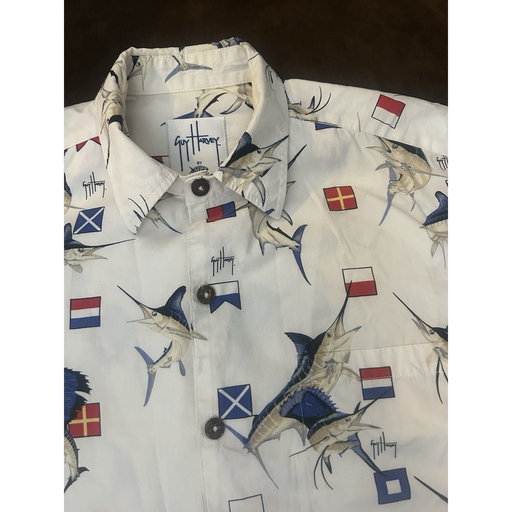 Guy Harvey AFTCO Bluewater Marlin Flags AOP Shirt USA Cotton M Button Fishing